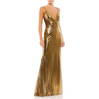 Mac Duggal Metallic Faux Wrap Spaghetti Strap Gown in Bronze at Nordstrom, Size 10