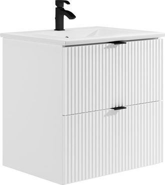 Vente-Unique Mueble de baño suspendido estriado con lavabo para encastrar - Blanco mate - 60 cm - ZEVINI