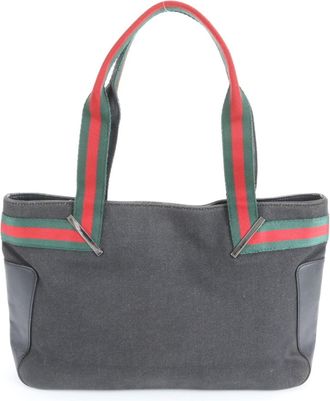 Gucci Sherry Line Black Leather Canvas Tote Bag (Pre-Owned)