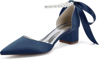 Generic Womens Pointed Toe Wedding Shoes Low Heels Satin Bridal Shoes Chunky Block Heels Comfortable Dance Shoes 4.5Cm,Dark Blue,10 UK