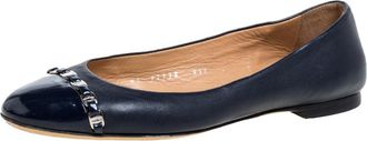 Ferragamo Navy Blue Leather Pim Chain Ballet Flats