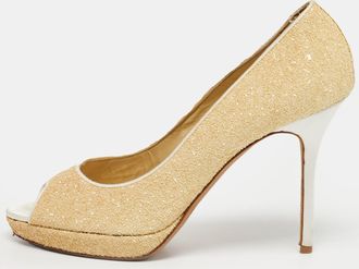 Jimmy Choo London Beige Glitter Dahlia Peep Toe Pumps