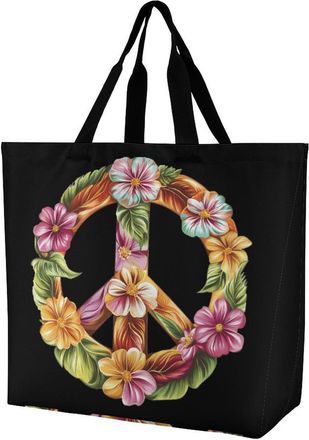 Generic Peace Sign Flowers Large Reusable Shopping Bag Lightweight Foldable Tote Bags Washable Shoulder Handbag