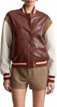 Avec Les Filles Faux Leather Varsity Bomber Jacket in Varsity Red Multi at Nordstrom, Size X-Small