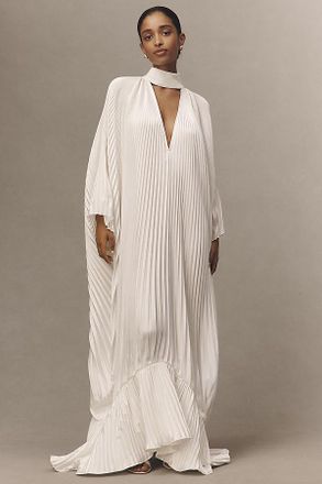 L&rsquo;Id&eacute;e Empire Long-Sleeve V-Neck Pleated Maxi Dress