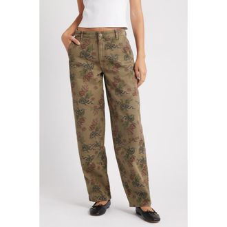 Damson Madder Drew Floral Print Relaxed Utility Jeans in Khaki at Nordstrom Rack, Size 10 Us / 14 Uk