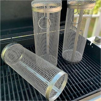 OEM Cesta Rodante Para Asar De Acero Inoxidable De 20 &times; 9 Cm Para Barbacoa, Con Cesta Cil&iacute;ndrica Para Asar Al Aire Libre, Ideal Para Asar Patatas Fritas. 