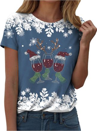 Generic Christmas Tops for Women Christmas Shirts UK Short Sleeve Casual Jumper Merry Santa Snowflake Print T-Shirts Loose Funny Xmas Tree Print Sweatshirt Tu