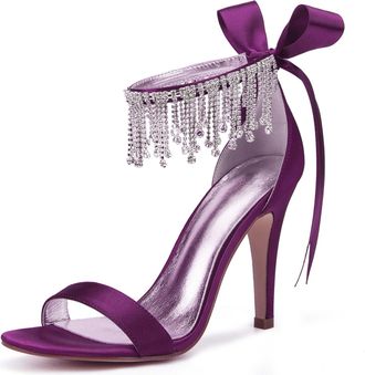 Generic Womens Heels Satin Wedding Bridal Ankle Strap High Heels 10.5Cm Open Toe Prom Evening Formal Party Stiletto Sandals,Purple,7 UK