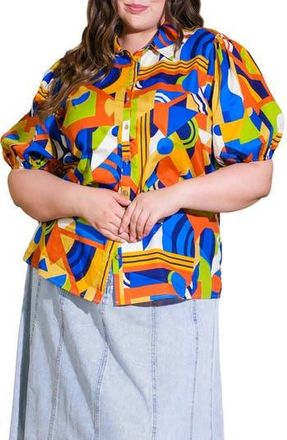 Flying Tomato Geometric Print Puff Sleeve Button-Up Shirt in Blue Rust at Nordstrom Rack, Size 2 X