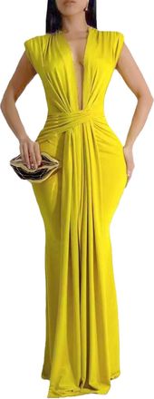Generic Womens Sexy Sleeveless Deep V Dress Fashion Ruched Slimming Floor Length Gown Formal Evening Party Prom Frock (Yellow,XXL)