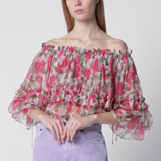 Chlo&eacute; Puff-sleeve top in multicolor silk