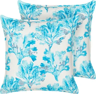 Beliani Beliani - Conjunto De 2 Cojines Algod&oacute;n Cuadrado Textura Coral Marino Relleno Poli&eacute;ster Blanco Y Azul Rockweed