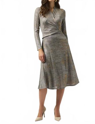 Joseph Ribkoff Foiled Faux Wrap Fit And Flare Dress In Beige/multi