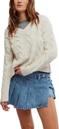 Free People Washed Cable V Neck Womens Sweatshirt Optic White : LG (Womens 12-14), Cotton/Polyester/Rayon