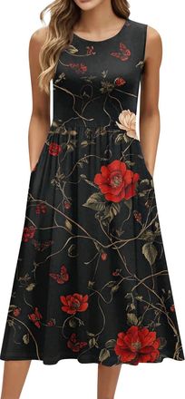 Generic Summer Midi Dresses for Women UK, Womens Summer Dresses 2025 Beach Casual Sleeveless Round Neck Floral Print Tank Loose Long Sundress with Pocket,Summ