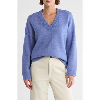 Melrose and Market Rib Trim V-Neck Sweater in Blue Denim at Nordstrom Rack, Size X-Small