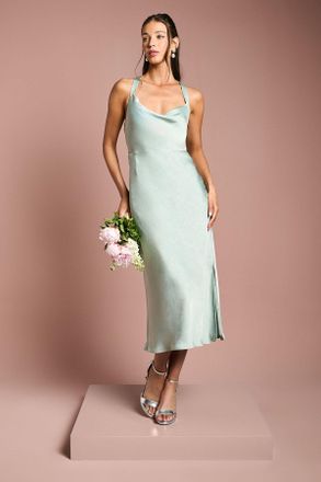 Oasis Womens Cross Shoulder Tie Back Satin Bridesmaids Dress - Green - Size 14 UK