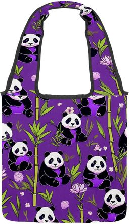 Generic Cute Panda on Purple Reversible Canvas Shoulder Tote - Double-Sided Print, 12oz Cotton, 27cm Drop, Fold-Flat Bag for Travel, Shopping, Street Outings