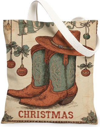 Generic Christmas Vintage Rustic Canvas Tote Bags, Cowboy Boots Design Reusable Grocery Bags, Festive Lightweight Washable Shoulder, Brown, 13x15 Inch