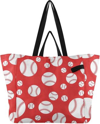 Generic Baseball Red pattern Reusable Canvas Tote Bag, Heavy Duty Grocery Shopping Bag with Hard Bottom Large Capacity Double Handles Work Groceries Travel
