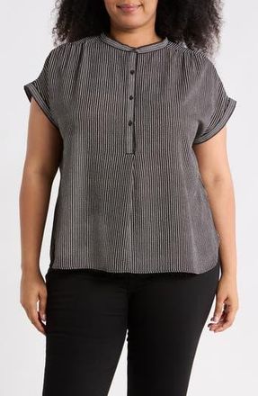 Max Studio Half Placket Short Sleeve Top in Black/Cream Stripe Dash at Nordstrom Rack, Size 2 X