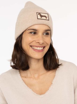 Zwillingsherz Beanie ZWILLINGSHERZ Dog Patch, Damen, beige, Strick, Obermaterial: 55% Polyacryl, 30% Viskose, 15% Wolle, M&uuml;tzen Beanie, mit s&uuml;ssem Dackelmotiv und W