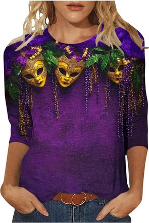 Generic 2026 Mardi Gras Tops for Women UK Casual 3/4 Sleeve Carnival Mask Graphic Shirts Dressy Comfy Crew Neck Loose Fit Blouse Ladies Elegant Lightweight Go
