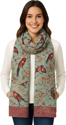 World of Shawls New Ladies Womens Celebrity Style Long Scarf Scarves Maxi Sarong (Japanese Birds Green)