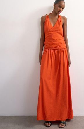 Topshop Scarf Neck Plunge Maxi Dress in Orange at Nordstrom, Size 18