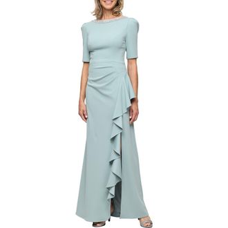 Alex Evenings Embellished Neck Ruffle Gown in Ice Sage at Nordstrom, Size 10