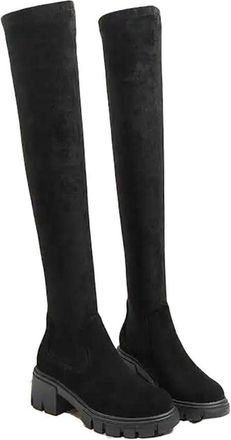 Generic Womens Cow Leather Stretch Over-The-Knee Boots Round Toe High Heels Winter Thigh High Boots