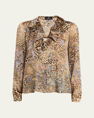 Etro Leopard Paisley-Print Silk Ruffle Blouse