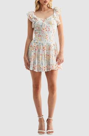 Lush Flutter Sleeve Dropwaist Minidress in Ivory Red Floral at Nordstrom Rack, Size Medium
