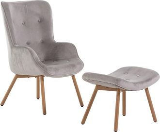 Siediti Fuori e Dentro Sillón con reposapiés de terciopelo gris claro con patas efecto madera