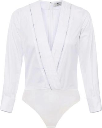 Elisabetta Franchi Tops, Dames, Wit, XL, Katoen, Body van katoenpoplin met smokingdetails