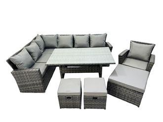 Fimous 10 Seat Rattan High Back Corner Sofa Set with 3 Stools Chair in Dark Grey