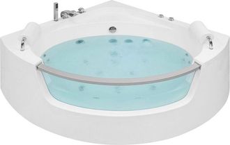 Beliani Ba&ntilde;era De Hidromasaje Esquinera De Acr&iacute;lico Sanitario Blanco Con Led 140 Cm Estilo Moderno Mangle