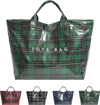 Generic Christmas Plaid PVC Tote Bag for Women, Spacious Letter Print Handbag, Durable Plastic Bag for Shopping (green)