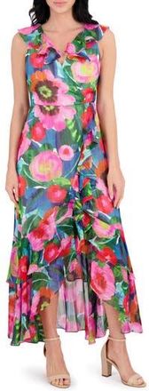 Kensie Tiered Ruffle Wrap Style Midi Dress in Navy Multi at Nordstrom Rack, Size 12