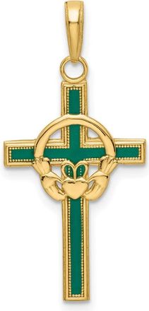 Diamond2Deal 14k Yellow Gold Green Enameled Claddagh Cross Pendant