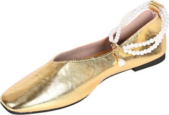 Generic Ladies Flat Shoes Comfortable Pumps Shoes Pearl Chain Solid Color Fashionable Elegant Lightweight Foldable Casual Ballet Flats Party Wedding Gold