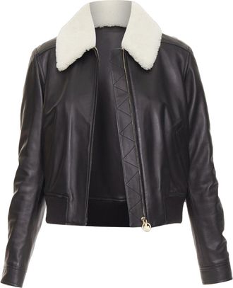 Lanvin black lambskin leather shearling collar aviator bomber