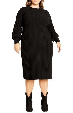 City Chic Saskia Long Sleeve Rib Sweater Dress in Black at Nordstrom Rack, Size Xs/14W