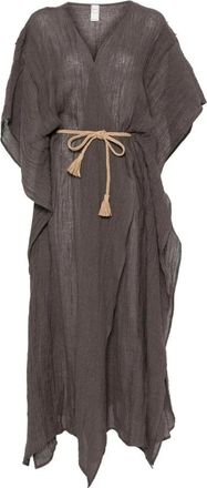 120% Lino Oversized V-hals Kaftan Jurk - Dames - Maxi kleedjes - Bruin - ONE Size - Linnen - Kleedjes