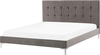 Beliani Cama Doble Tapizada En Tela De Terciopelo Gris 140 X 200 Cm Con Base De Listones Y Cabecero Acolchado Con Botones Ambert