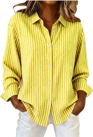 Generic Womens Solid Button Blouse Long Sleeve Striped Printed Top with V-Neck Business Casual Office Wear or Spring Outdoor Blouses Soft Touch Shirts Everyda