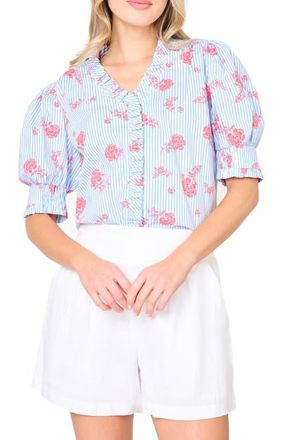Gibsonlook Iris Stripe Floral Stretch Cotton Poplin Top in Nautical Rose Stripe at Nordstrom, Size X-Small