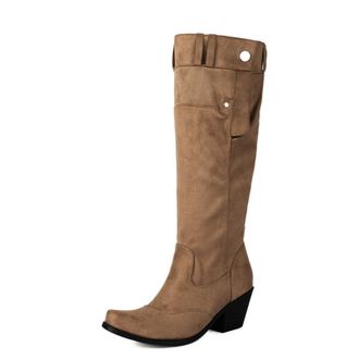 Generic Womens Faux Suede Long Boots with Buckle Pull on Knee High Boots Chunky High Heel Casual Boot,Khaki,7.5 UK