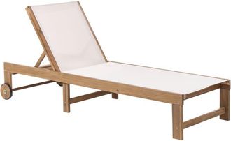 Beliani Sun Lounger Light Brown Certified Acacia Wood Beige Textile Seat with Wheels Feature Garden Patio Balcony PEDESINA